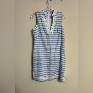 ELIZA J Sleeveless Shift Mini Embroidered Dress Blue White Stripe Size 10